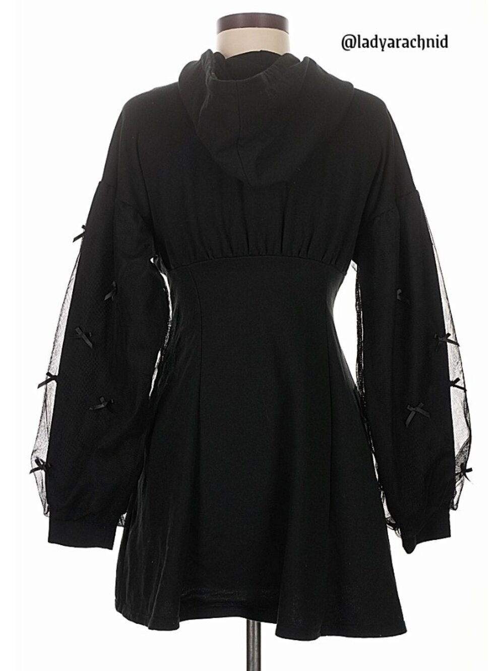 ANK ROUGE jirai kei black tulle-sleeved one piece hoodie dress w/bow details - Picture 6 of 8